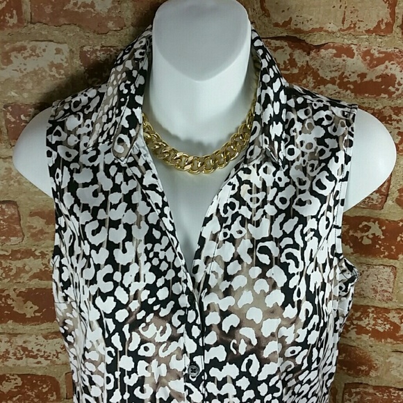 Tank top Dana Buchman black white Brown button Up collared Animal Print - Picture 2 of 5